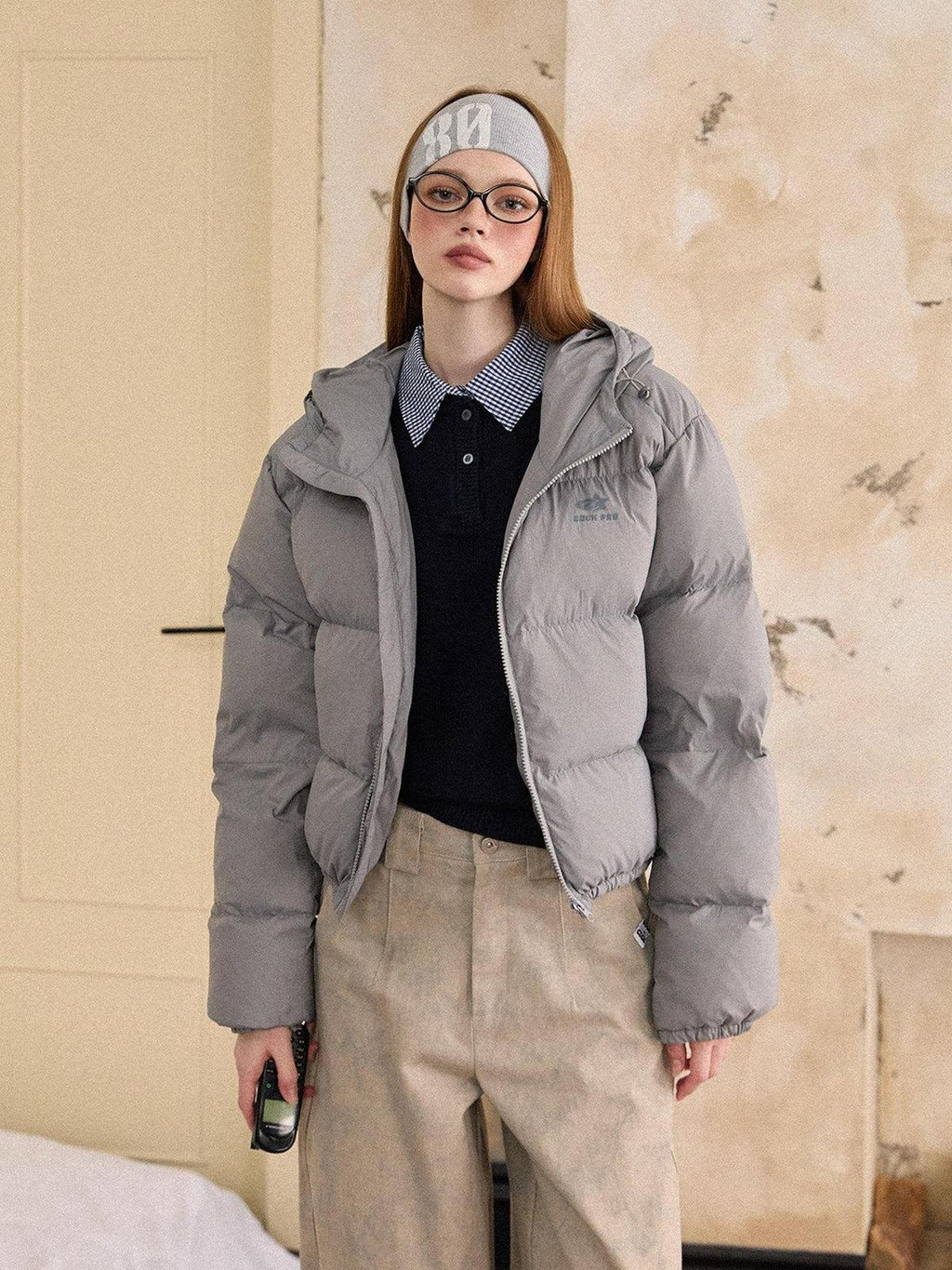 EZEK Cropped Printed Stand Collar Pocketed Women's Nylon Down Jackets