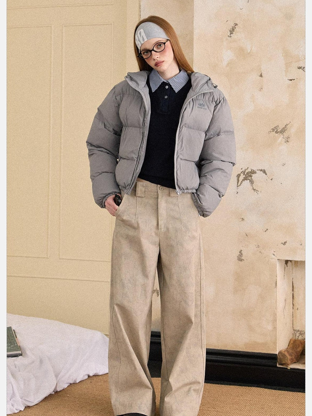EZEK Cropped Printed Stand Collar Pocketed Women's Nylon Down Jackets