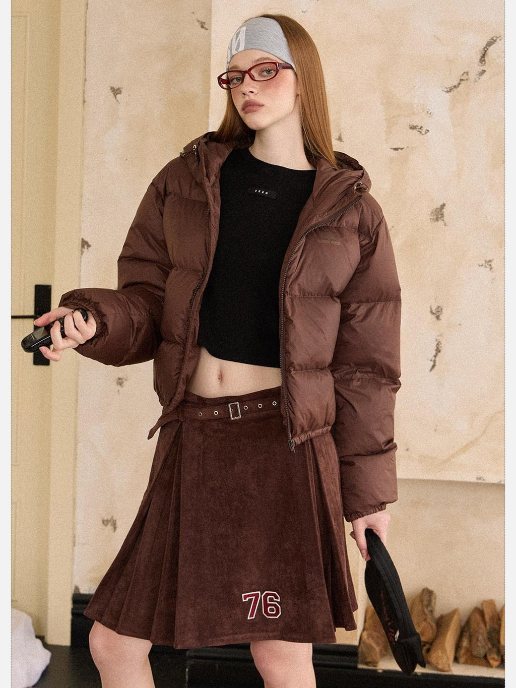 EZEK Cropped Printed Stand Collar Pocketed Women's Nylon Down Jackets