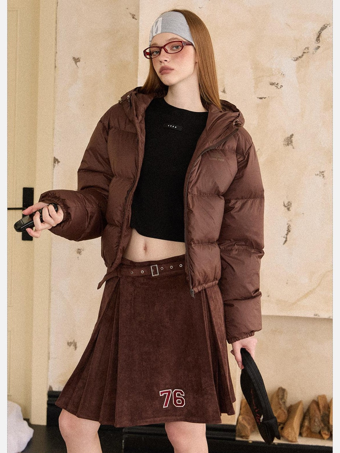 EZEK Cropped Printed Stand Collar Pocketed Women's Nylon Down Jackets
