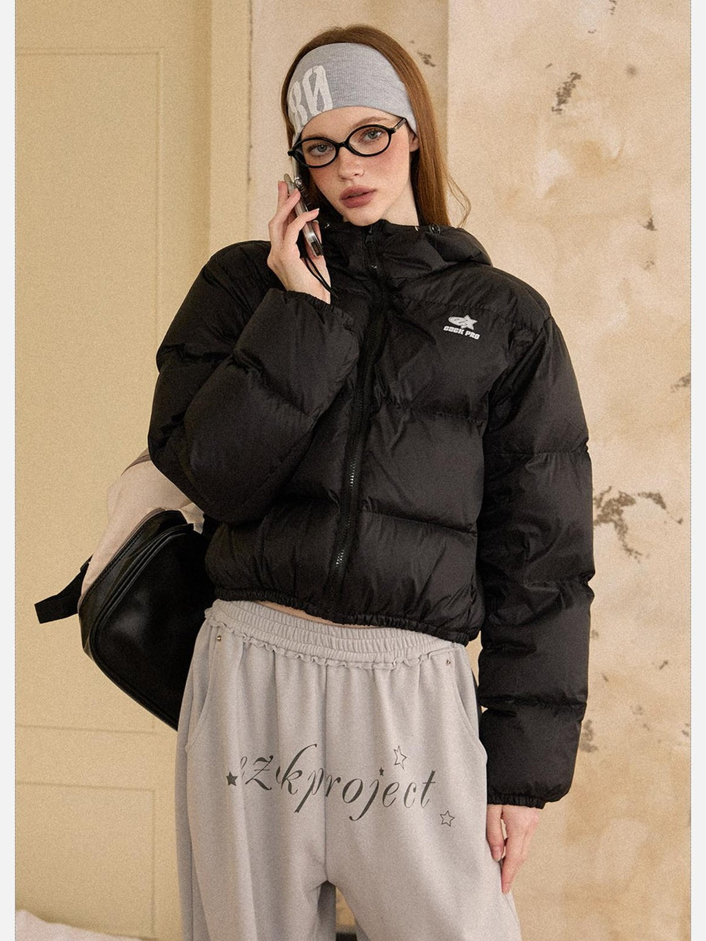 EZEK Cropped Printed Stand Collar Pocketed Women's Nylon Down Jackets