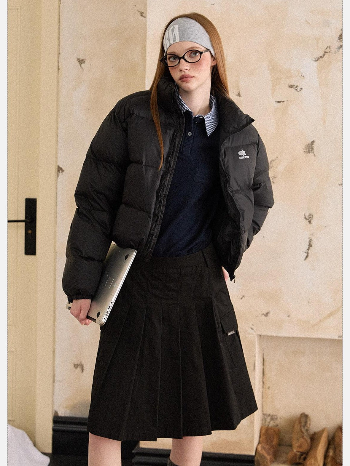 EZEK Cropped Printed Stand Collar Pocketed Women's Nylon Down Jackets