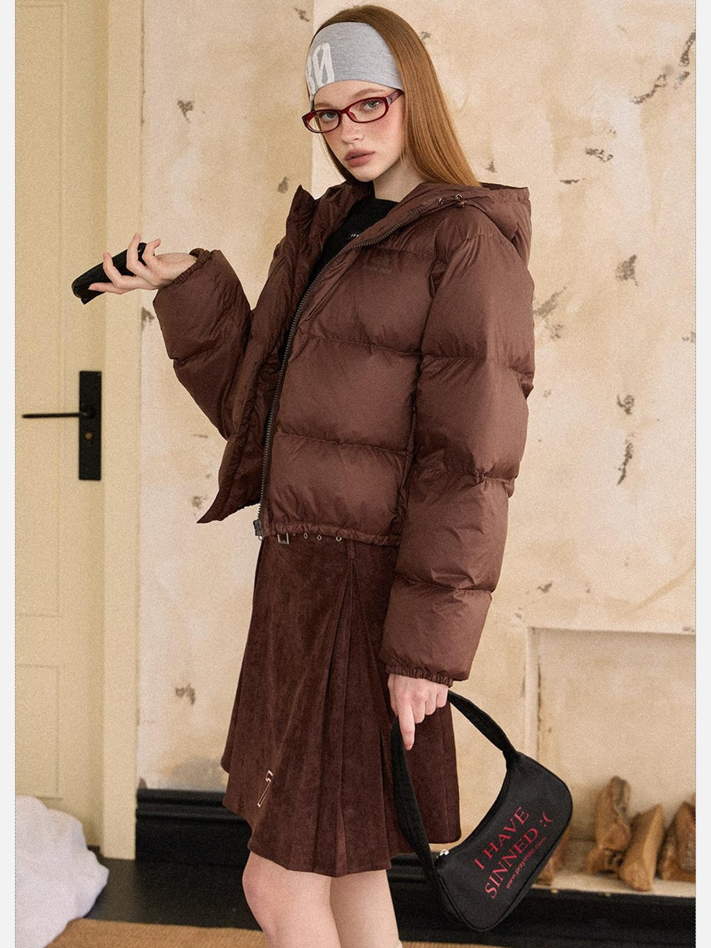 EZEK Cropped Printed Stand Collar Pocketed Women's Nylon Down Jackets