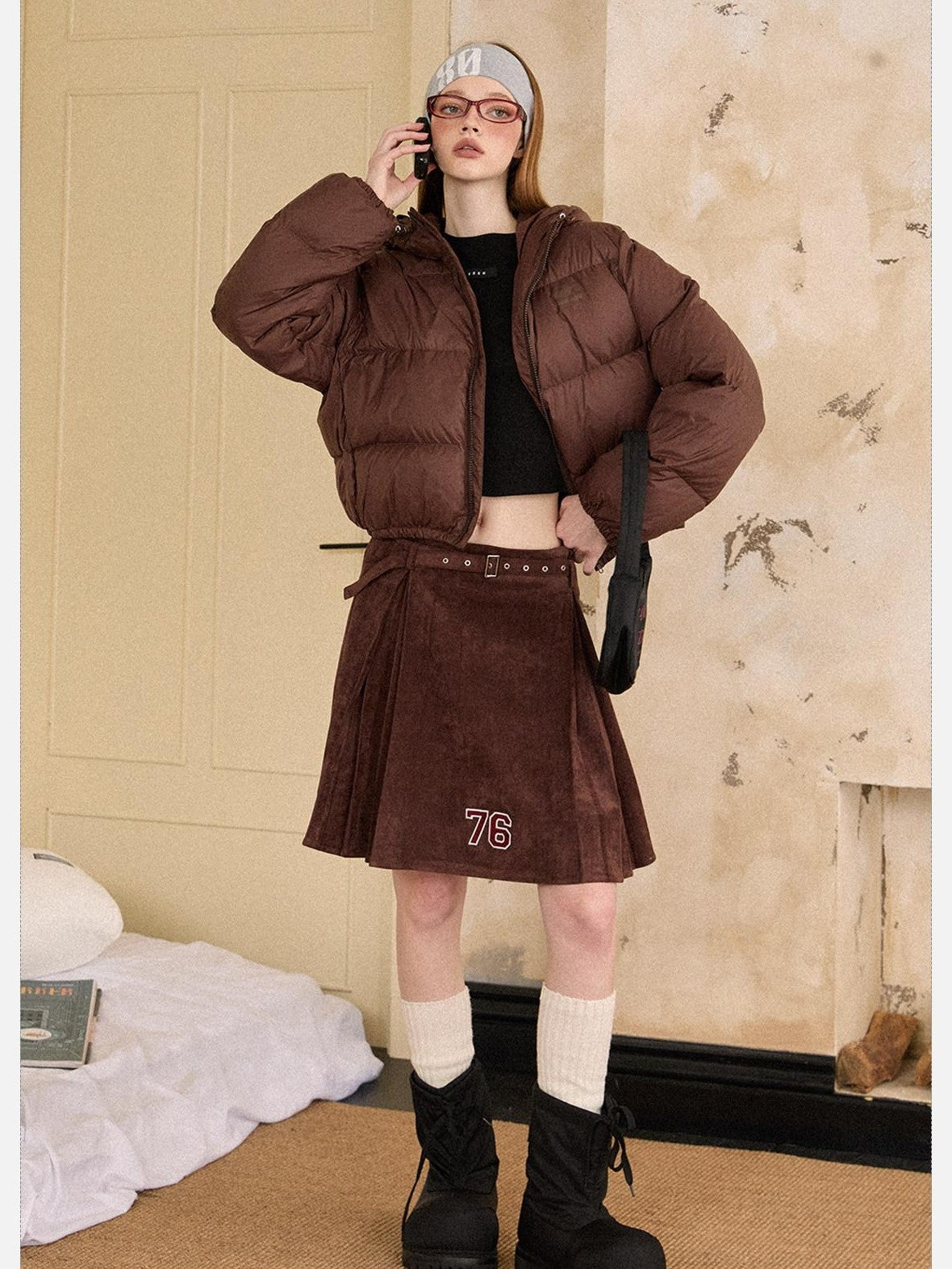 EZEK Cropped Printed Stand Collar Pocketed Women's Nylon Down Jackets