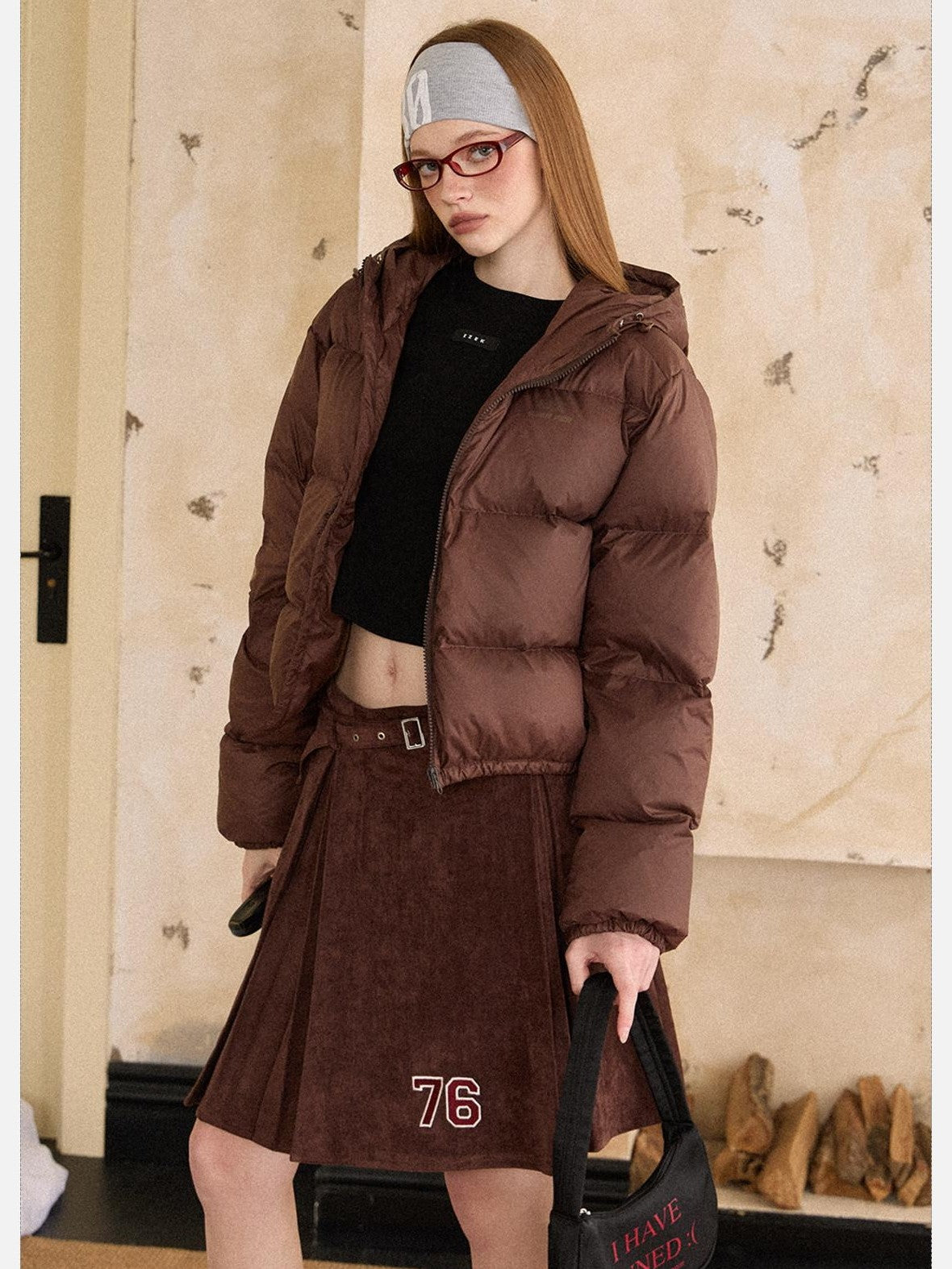 EZEK Cropped Printed Stand Collar Pocketed Women's Nylon Down Jackets