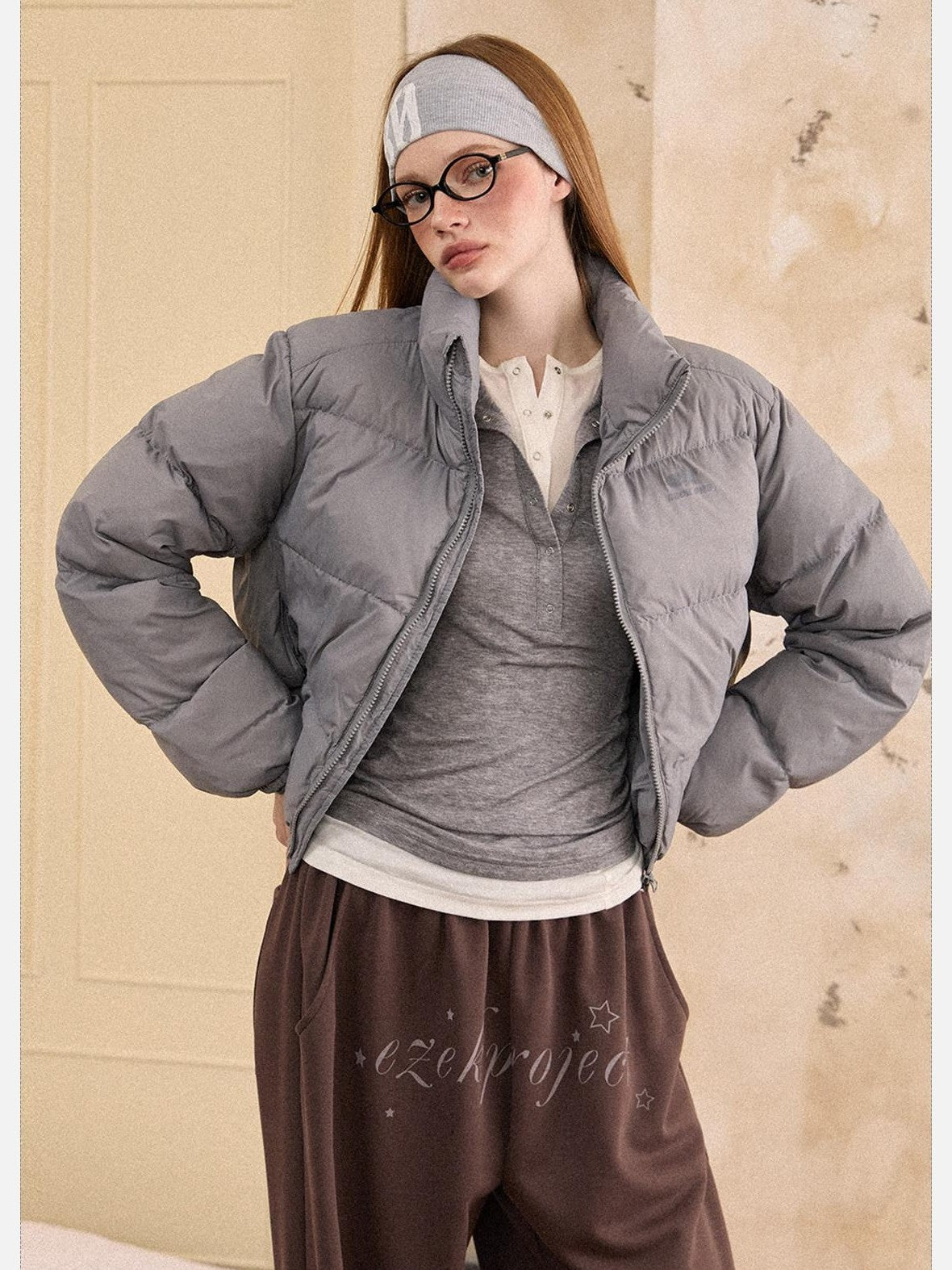 EZEK Cropped Printed Stand Collar Pocketed Women's Nylon Down Jackets