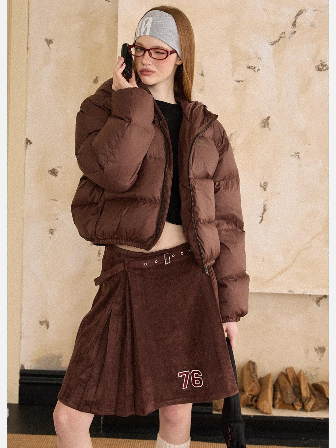 EZEK Cropped Printed Stand Collar Pocketed Women's Nylon Down Jackets
