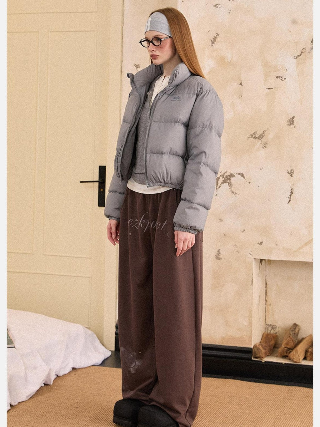 EZEK Cropped Printed Stand Collar Pocketed Women's Nylon Down Jackets
