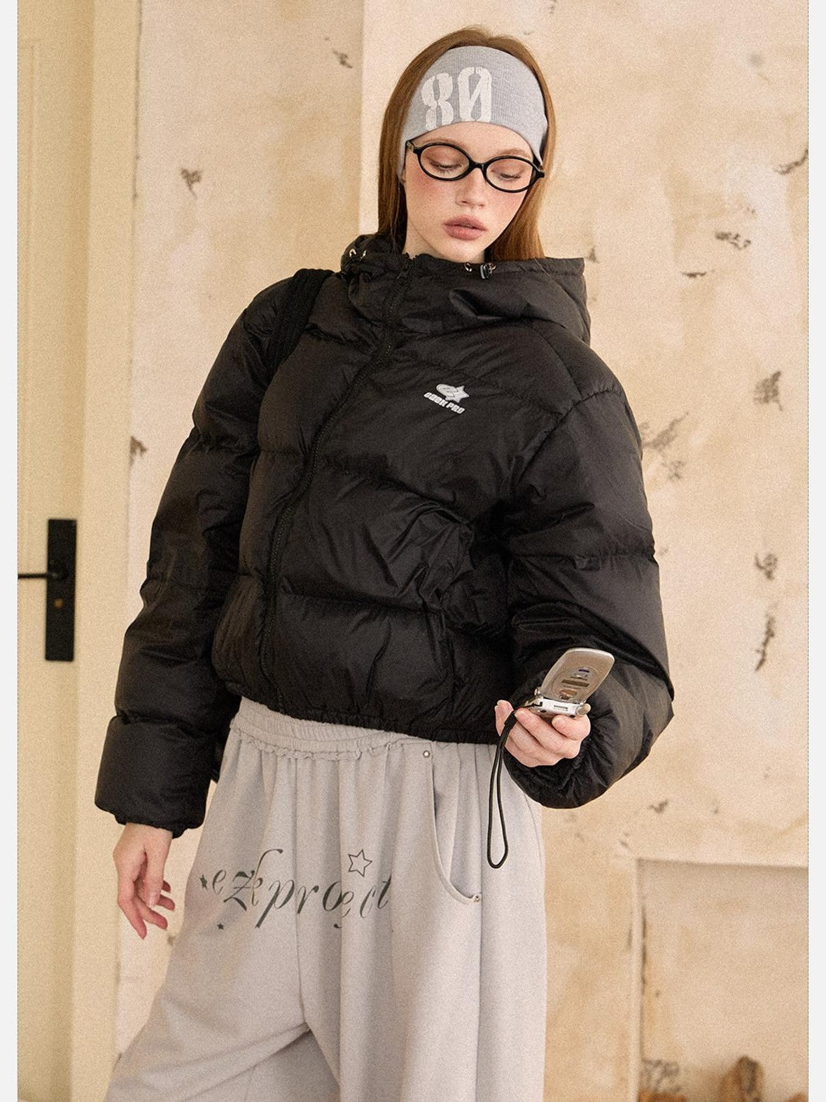 EZEK Cropped Printed Stand Collar Pocketed Women's Nylon Down Jackets