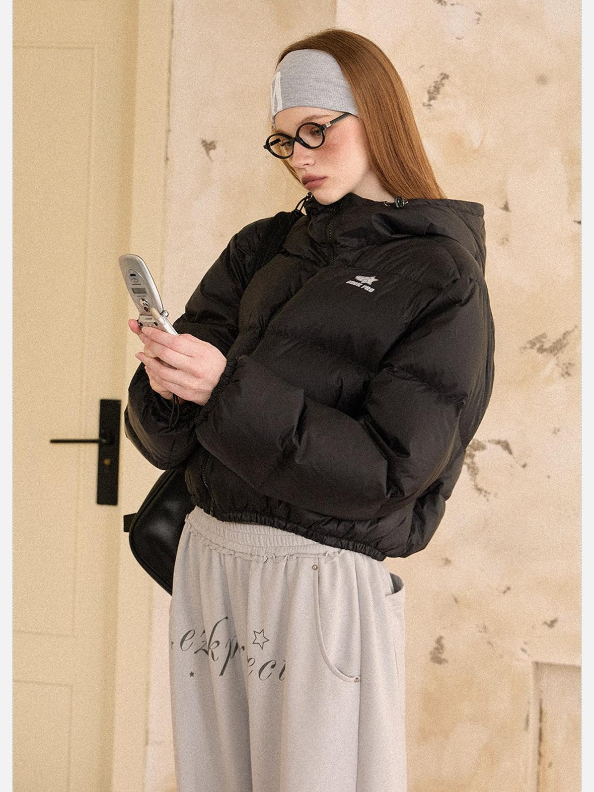EZEK Cropped Printed Stand Collar Pocketed Women's Nylon Down Jackets