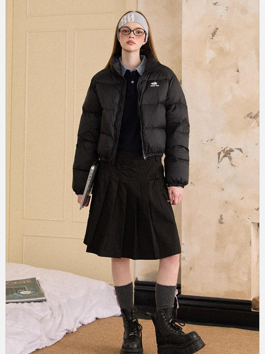 EZEK Cropped Printed Stand Collar Pocketed Women's Nylon Down Jackets