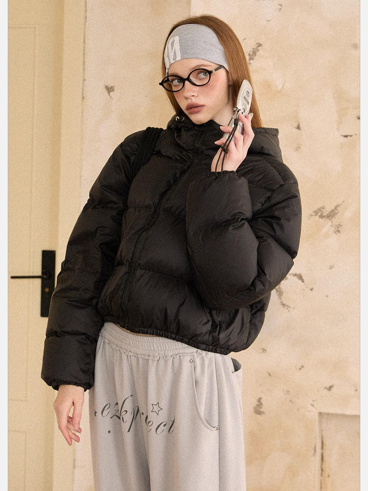 EZEK Cropped Printed Stand Collar Pocketed Women's Nylon Down Jackets
