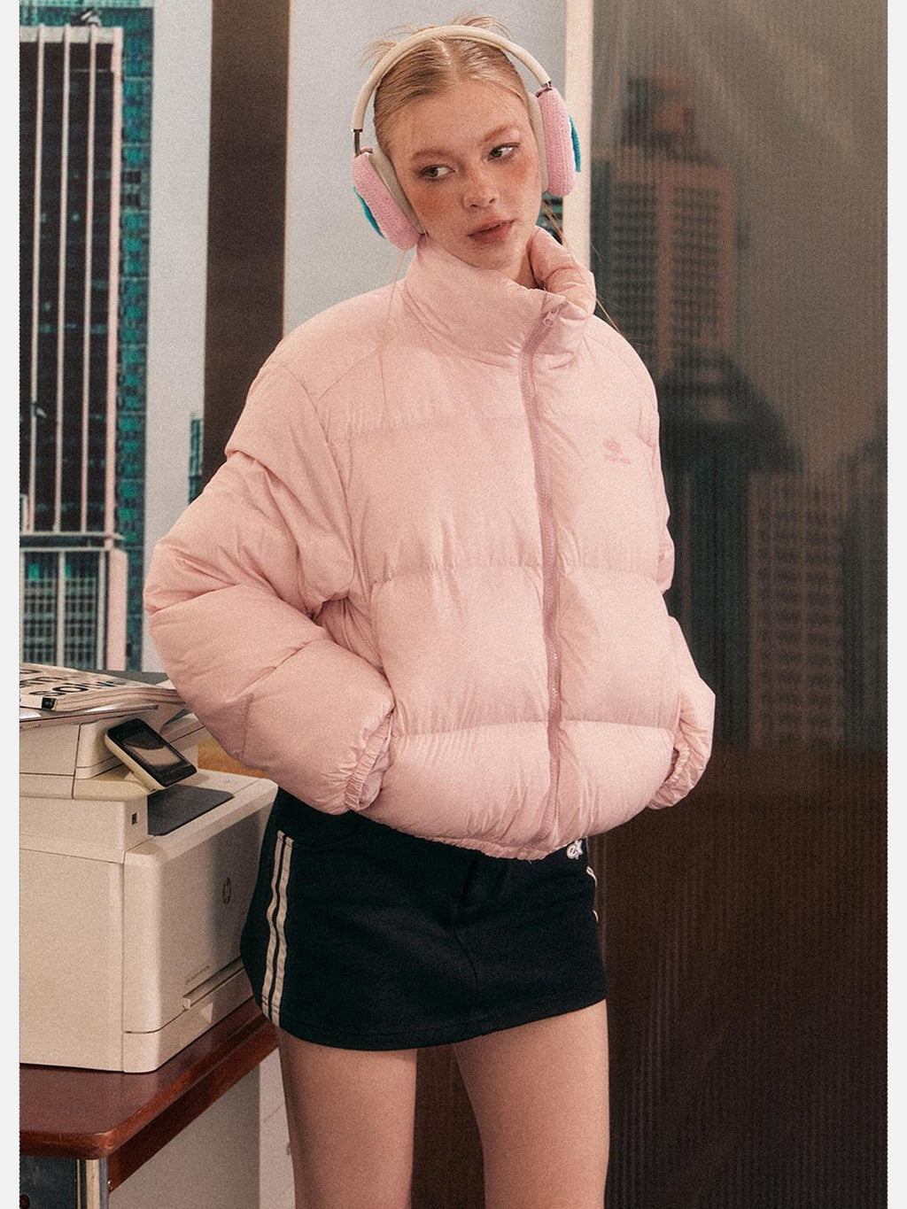 EZEK Cropped Printed Stand Collar Pocketed Women's Nylon Down Jackets