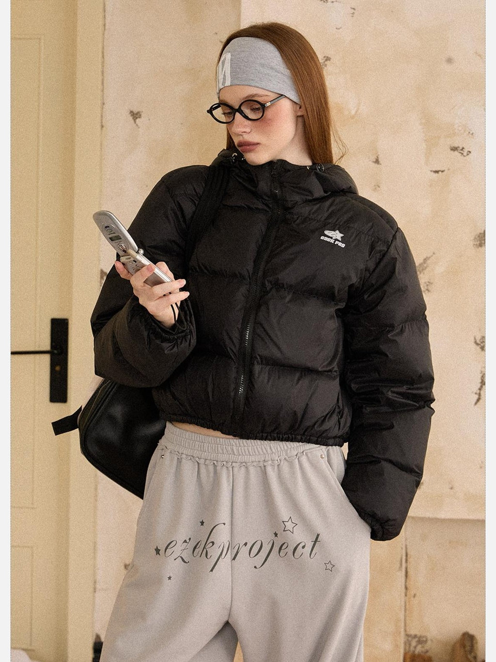 EZEK Cropped Printed Stand Collar Pocketed Women's Nylon Down Jackets