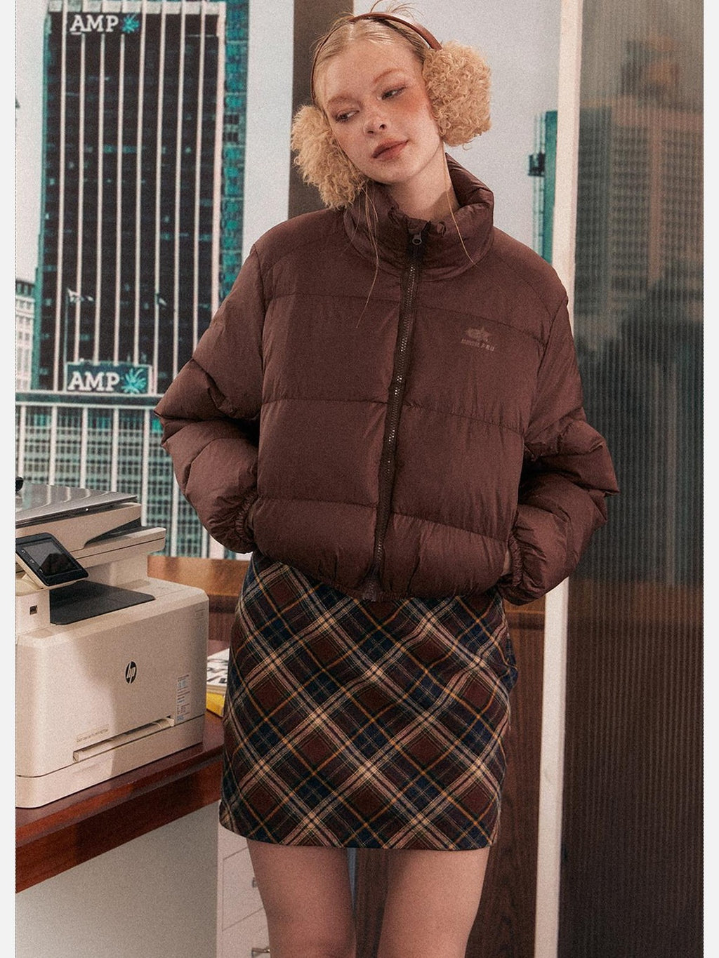 EZEK Cropped Printed Stand Collar Pocketed Women's Nylon Down Jackets
