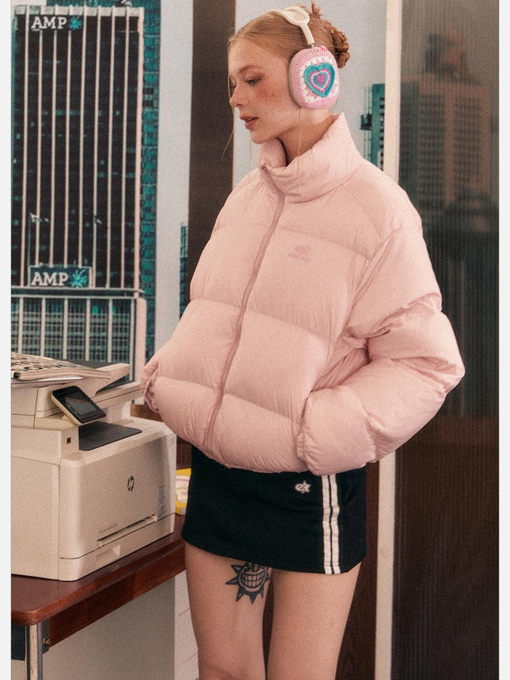 EZEK Cropped Printed Stand Collar Pocketed Women's Nylon Down Jackets