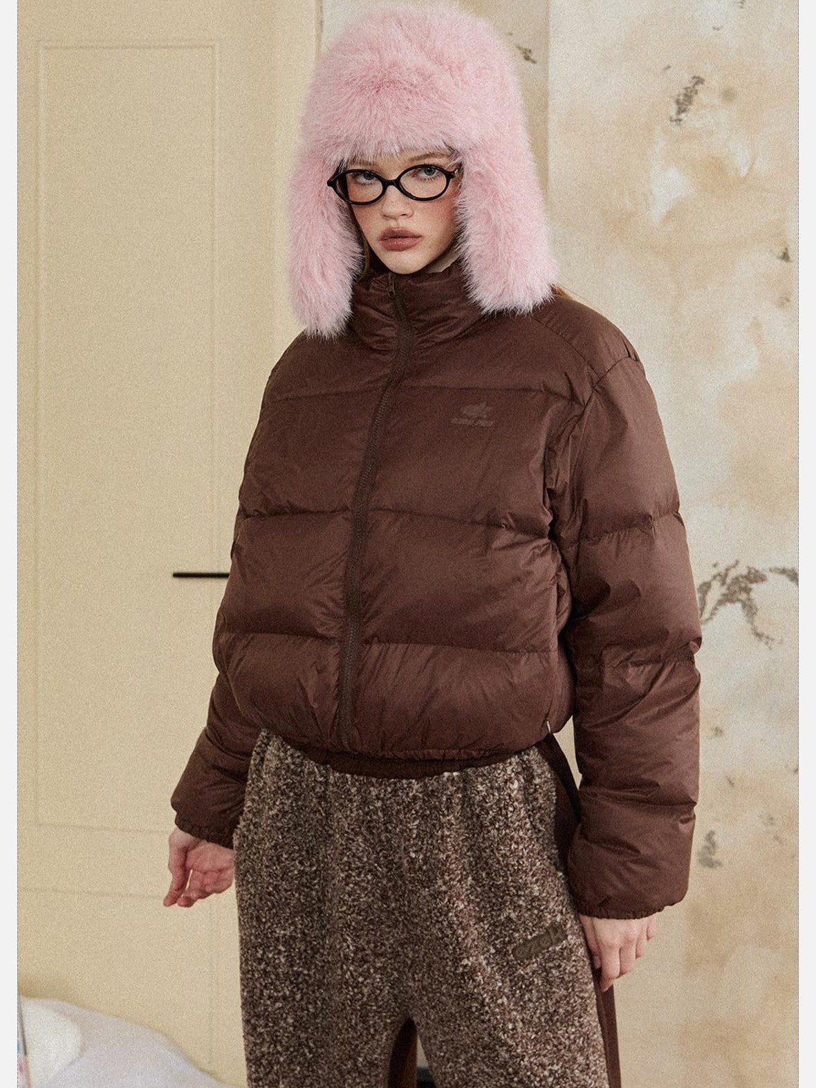 EZEK Cropped Printed Stand Collar Pocketed Women's Nylon Down Jackets