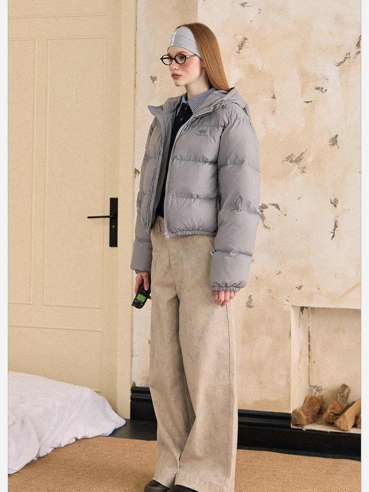 EZEK Cropped Printed Stand Collar Pocketed Women's Nylon Down Jackets