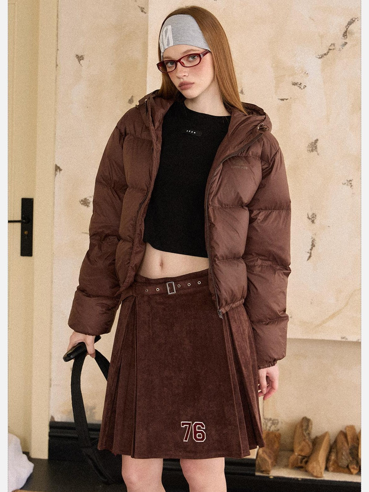 EZEK Cropped Printed Stand Collar Pocketed Women's Nylon Down Jackets