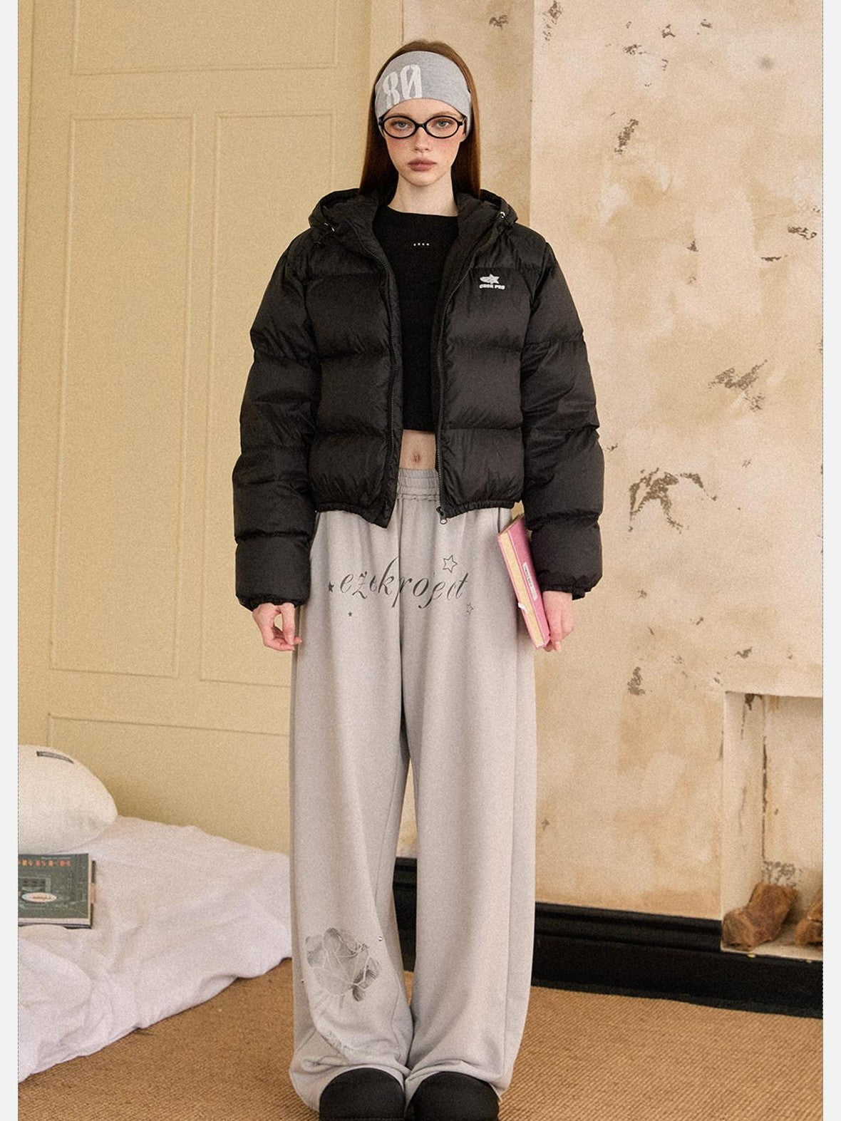 EZEK Cropped Printed Stand Collar Pocketed Women's Nylon Down Jackets
