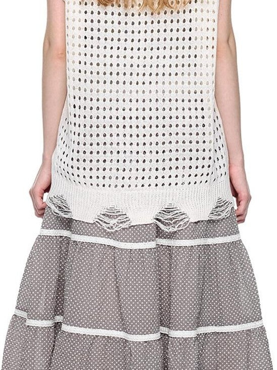 EZEK Cutout Distressed Hem Crew Neck Knit Women's Acrylic Short Sleeve T-shirts