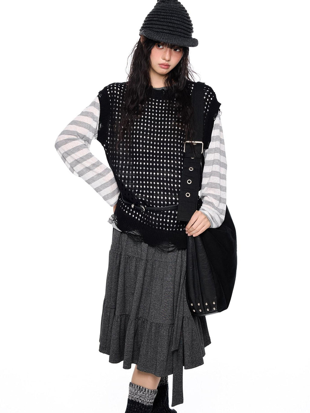 EZEK Cutout Distressed Hem Crew Neck Knit Women's Acrylic Short Sleeve T-shirts