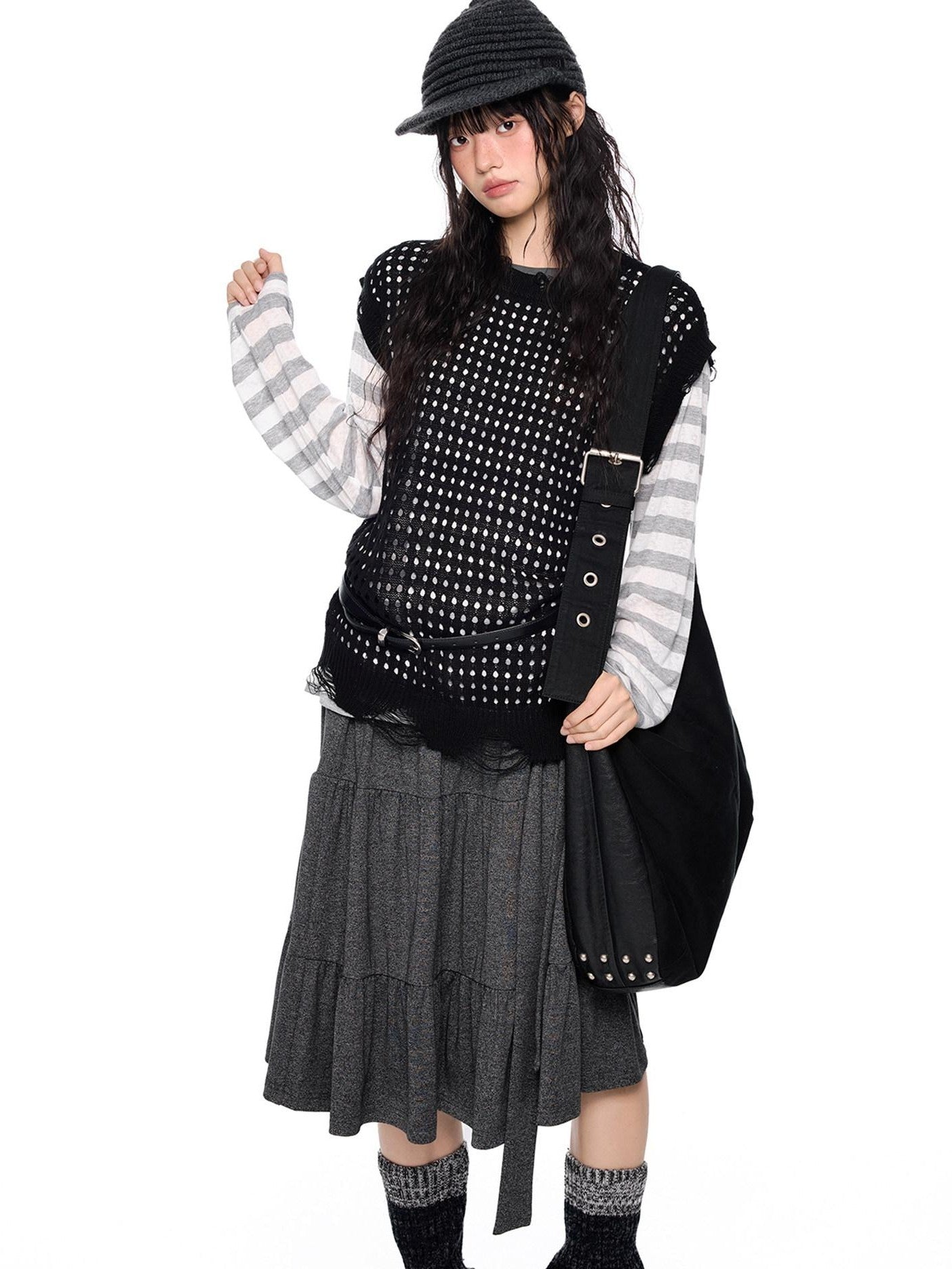 EZEK Cutout Distressed Hem Crew Neck Knit Women's Acrylic Short Sleeve T-shirts