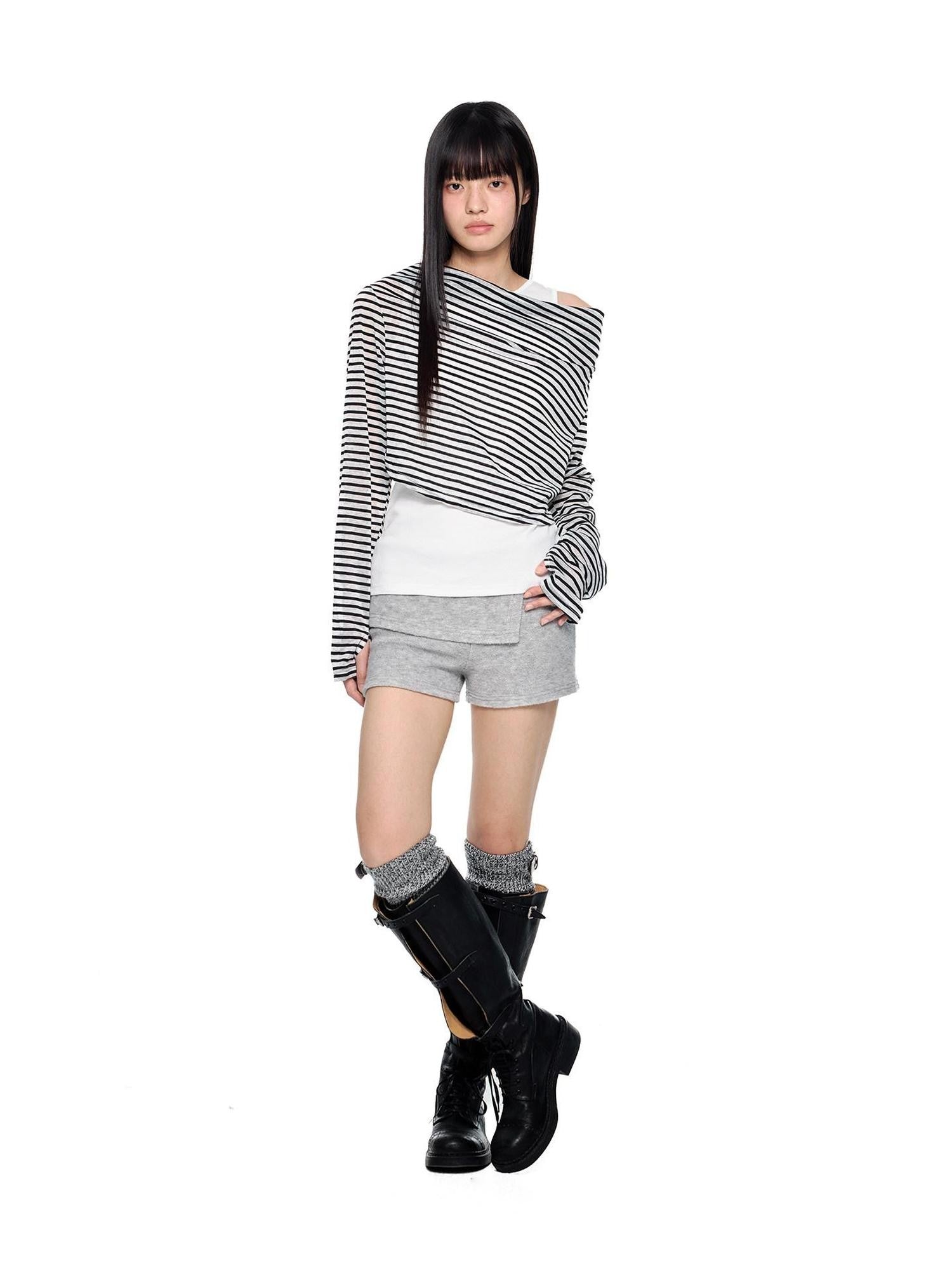 EZEK Deconstructed Off Shoulder Striped Women's Poly Cotton Long Sleeve T-shirts
