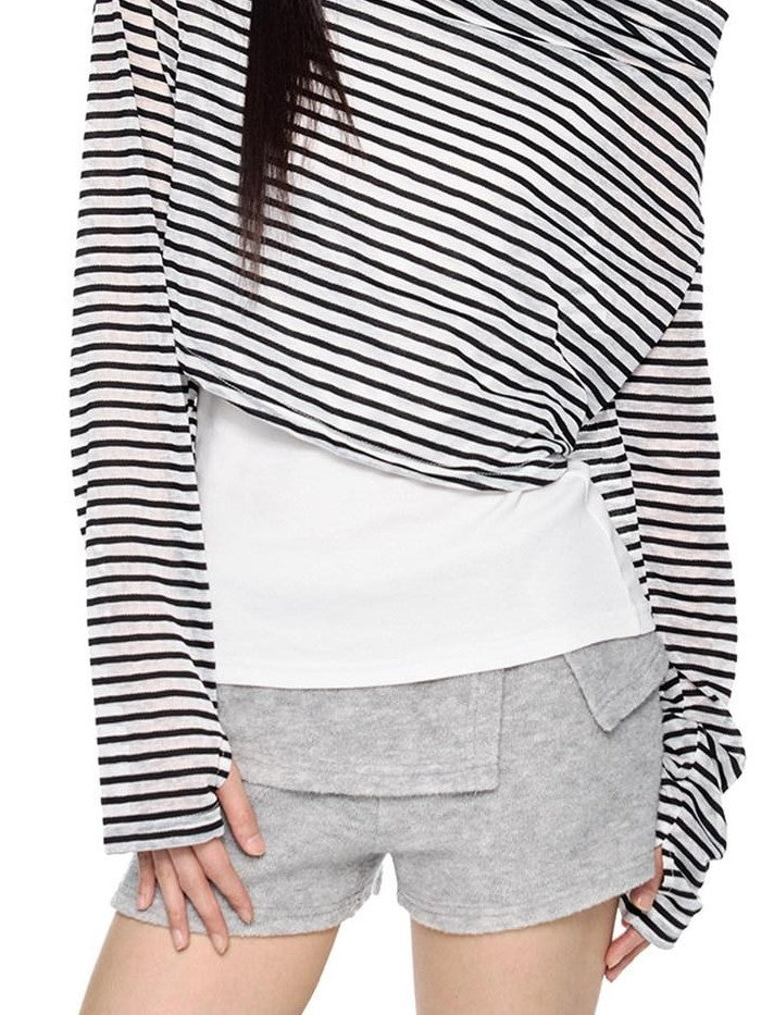 EZEK Deconstructed Off Shoulder Striped Women's Poly Cotton Long Sleeve T-shirts