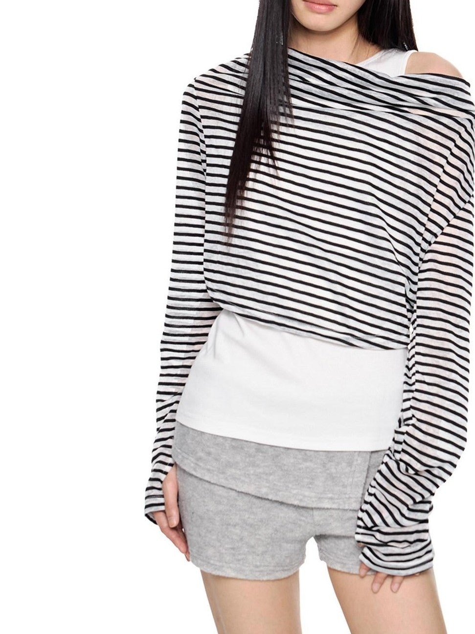 EZEK Deconstructed Off Shoulder Striped Women's Poly Cotton Long Sleeve T-shirts