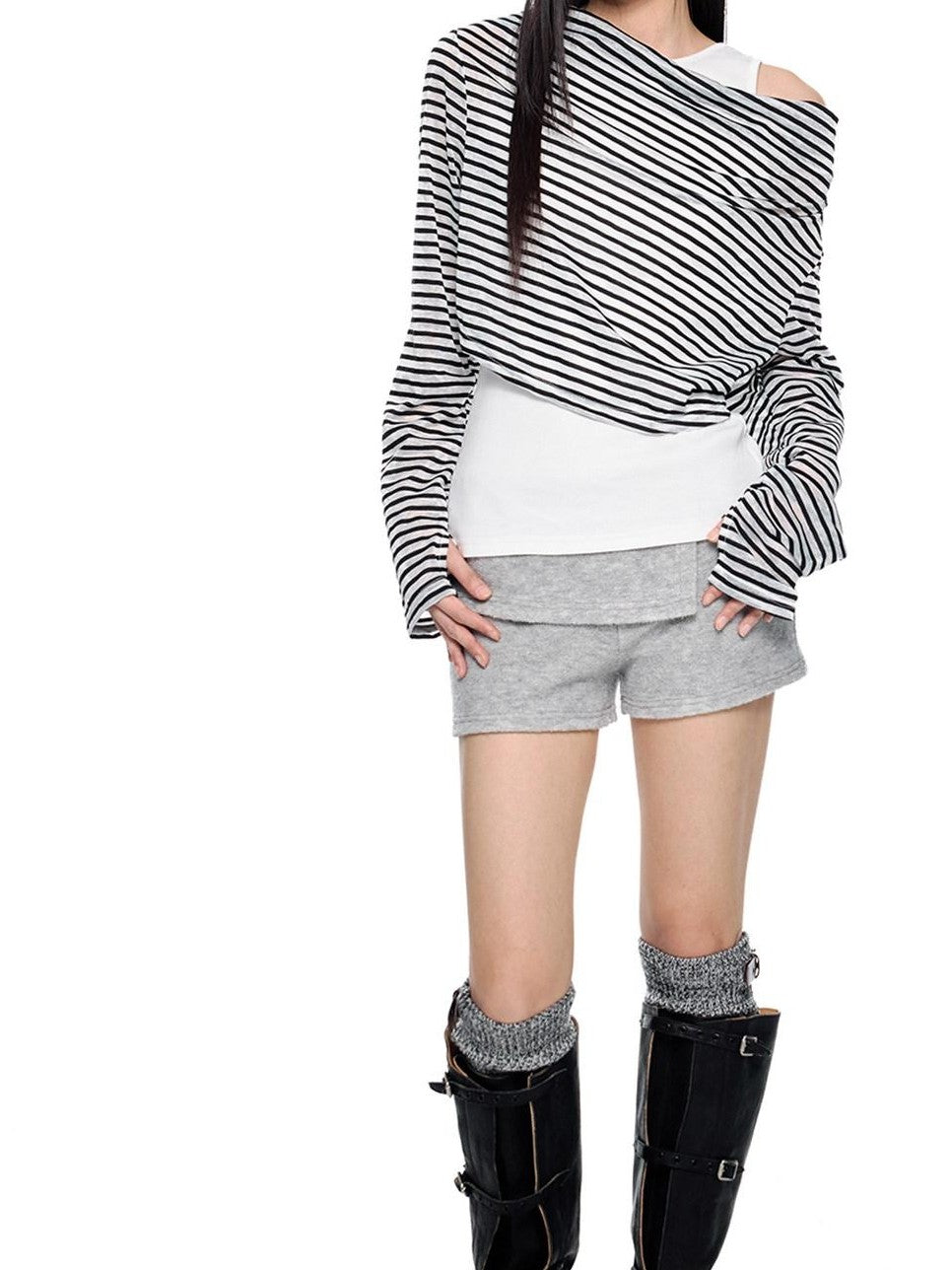 EZEK Deconstructed Off Shoulder Striped Women's Poly Cotton Long Sleeve T-shirts