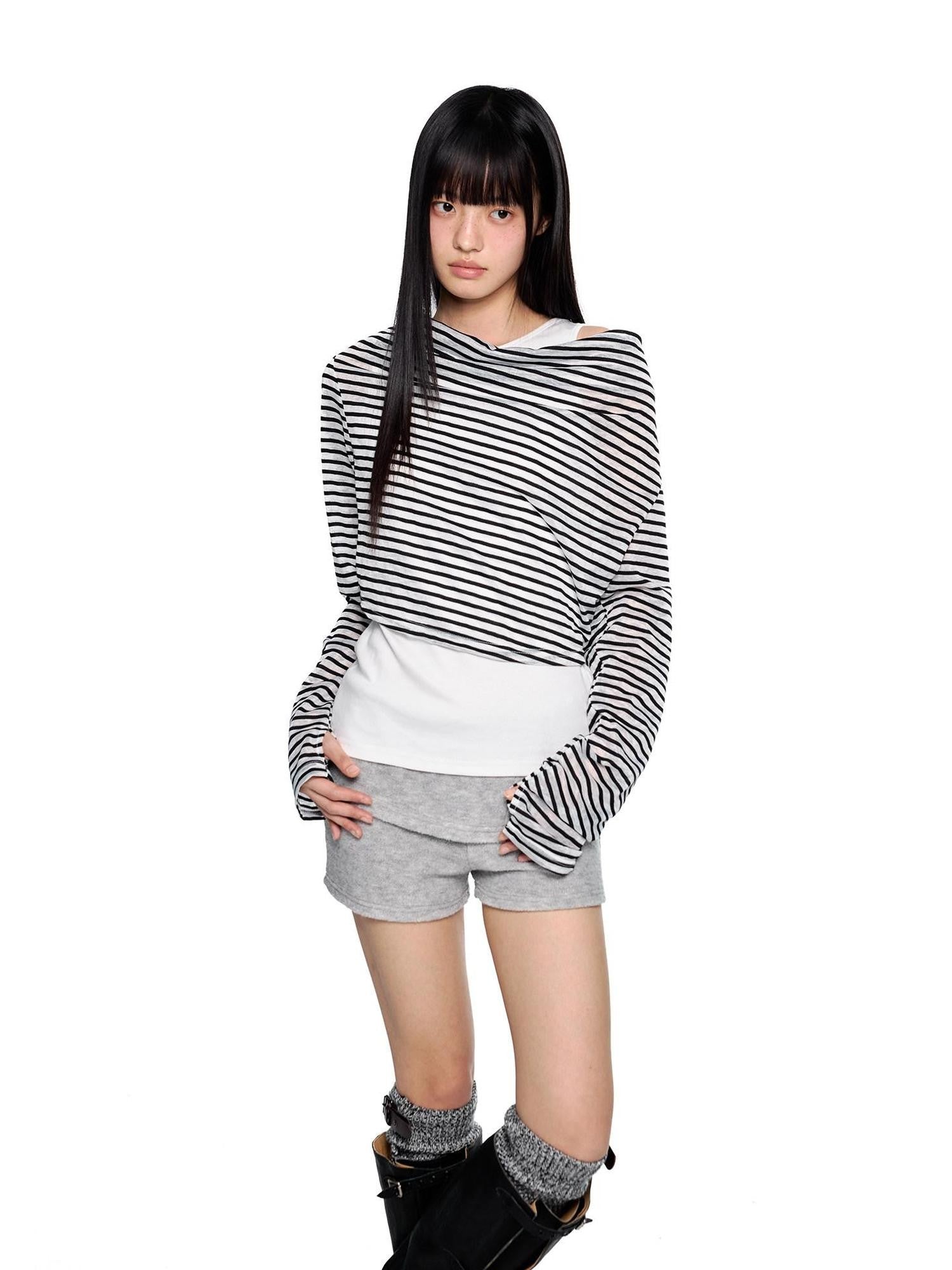 EZEK Deconstructed Off Shoulder Striped Women's Poly Cotton Long Sleeve T-shirts