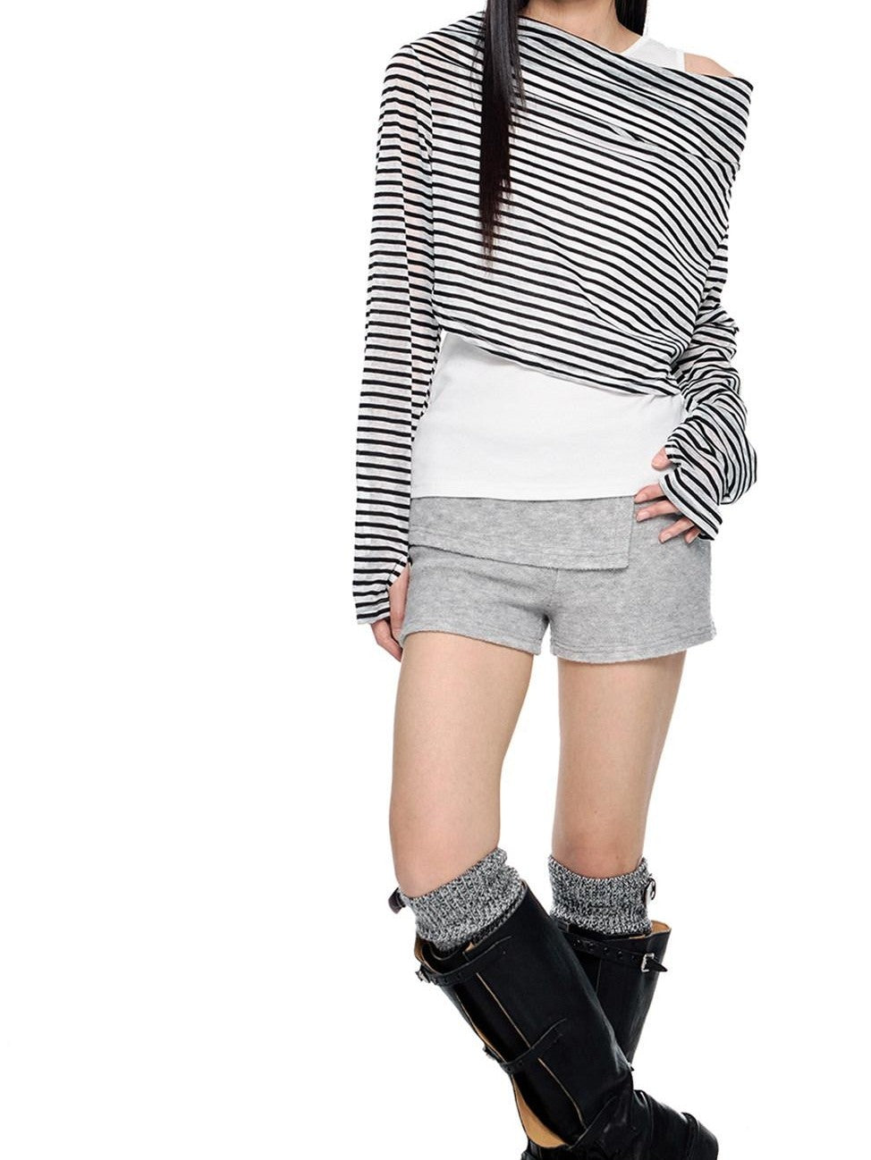 EZEK Deconstructed Off Shoulder Striped Women's Poly Cotton Long Sleeve T-shirts