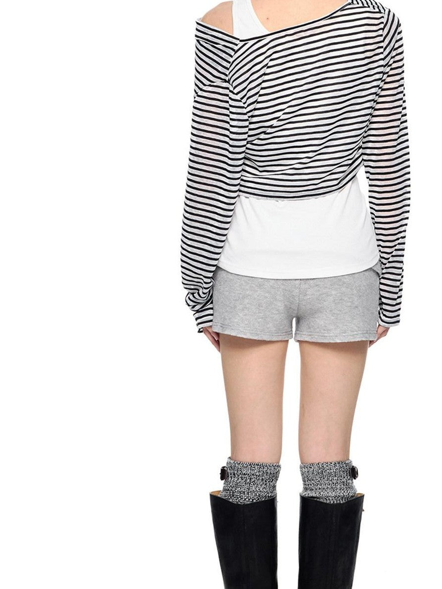 EZEK Deconstructed Off Shoulder Striped Women's Poly Cotton Long Sleeve T-shirts