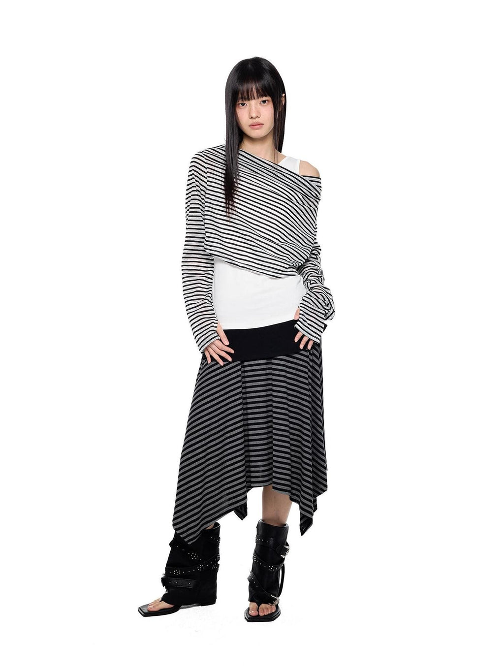 EZEK Deconstructed Off Shoulder Striped Women's Poly Cotton Long Sleeve T-shirts