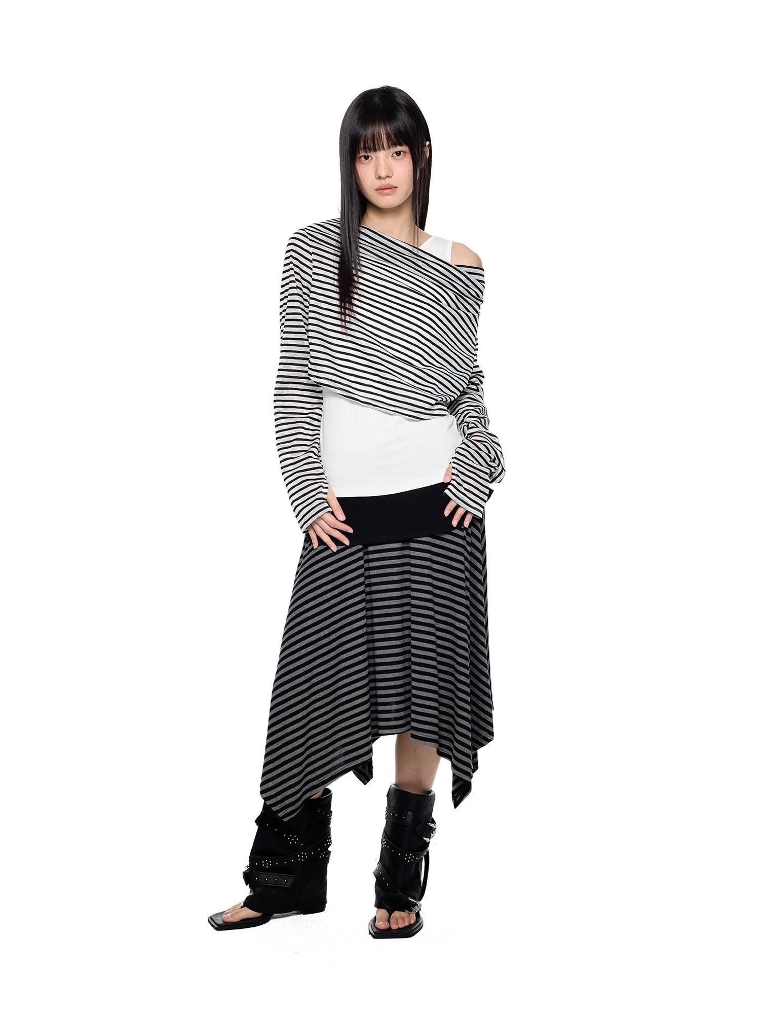 EZEK Deconstructed Off Shoulder Striped Women's Poly Cotton Long Sleeve T-shirts