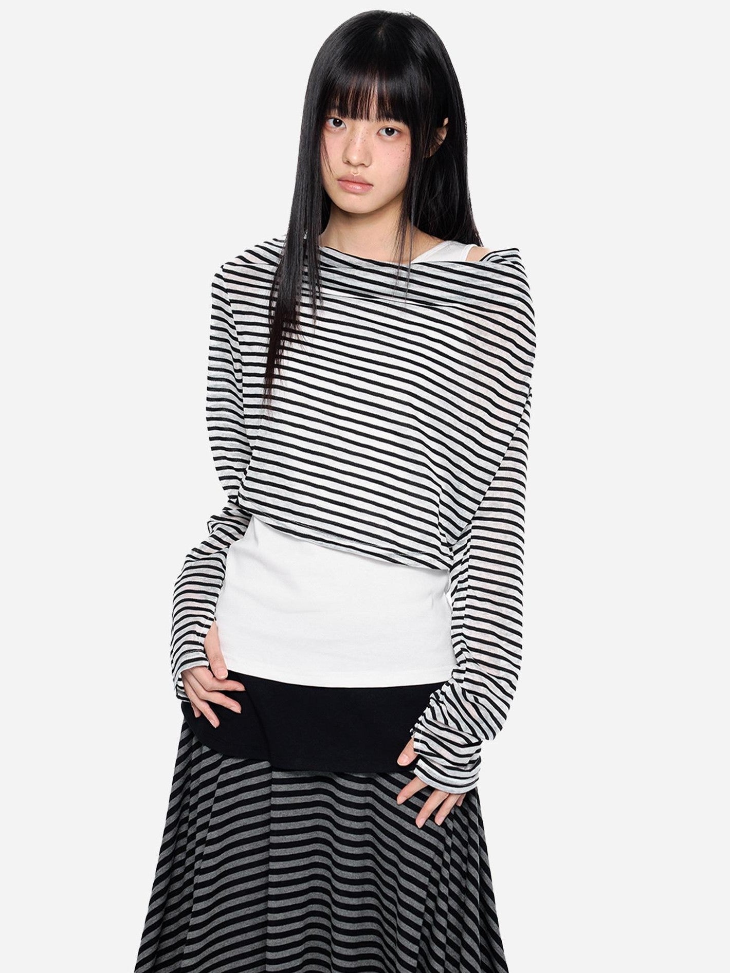 EZEK Deconstructed Off Shoulder Striped Women's Poly Cotton Long Sleeve T-shirts