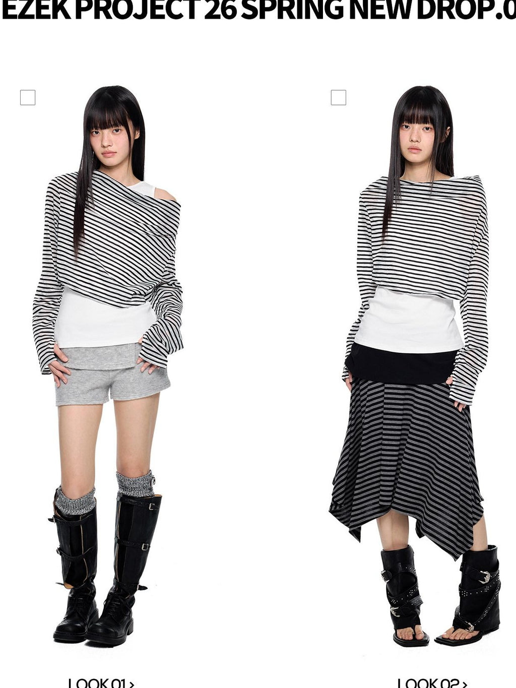 EZEK Deconstructed Off Shoulder Striped Women's Poly Cotton Long Sleeve T-shirts