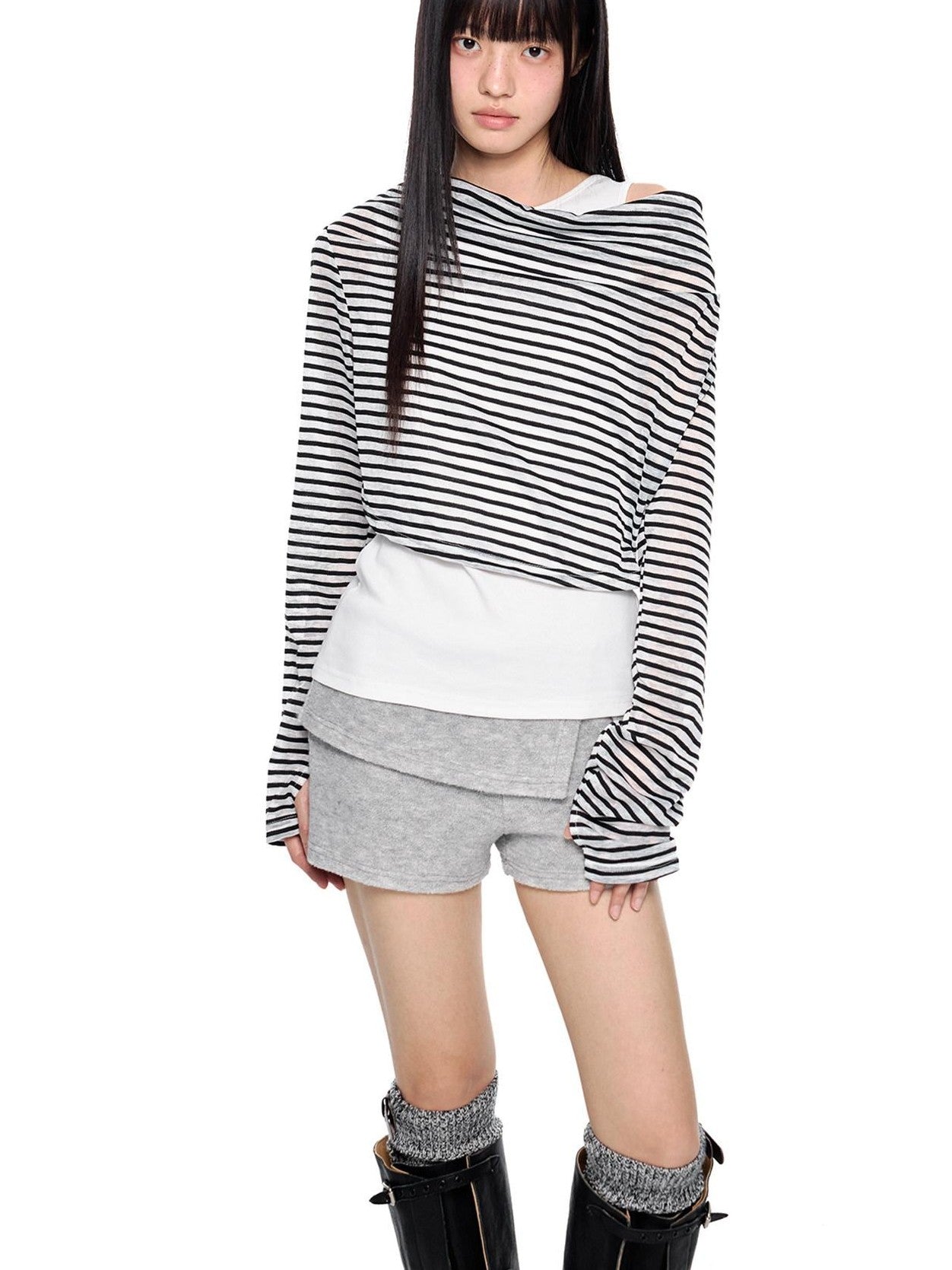 EZEK Deconstructed Off Shoulder Striped Women's Poly Cotton Long Sleeve T-shirts