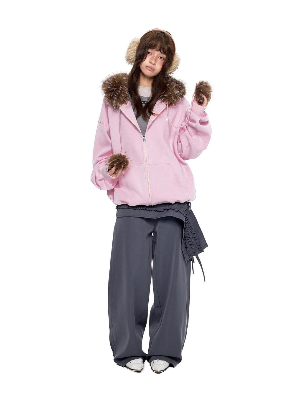 EZEK Detachable Fur Collar Embroidered Hooded Women's Cotton Blend Zip-up Hoodies