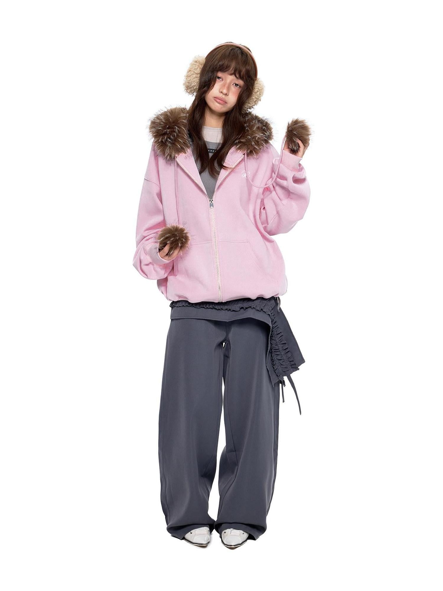 EZEK Detachable Fur Collar Embroidered Hooded Women's Cotton Blend Zip-up Hoodies
