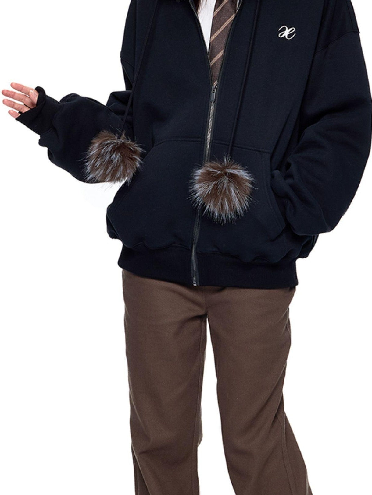 EZEK Detachable Fur Collar Embroidered Hooded Women's Cotton Blend Zip-up Hoodies