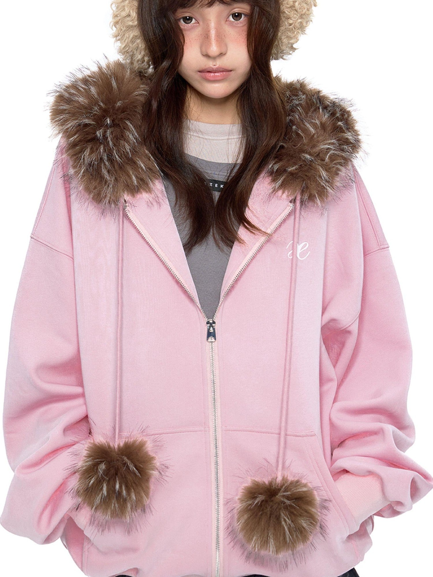 EZEK Detachable Fur Collar Embroidered Hooded Women's Cotton Blend Zip-up Hoodies