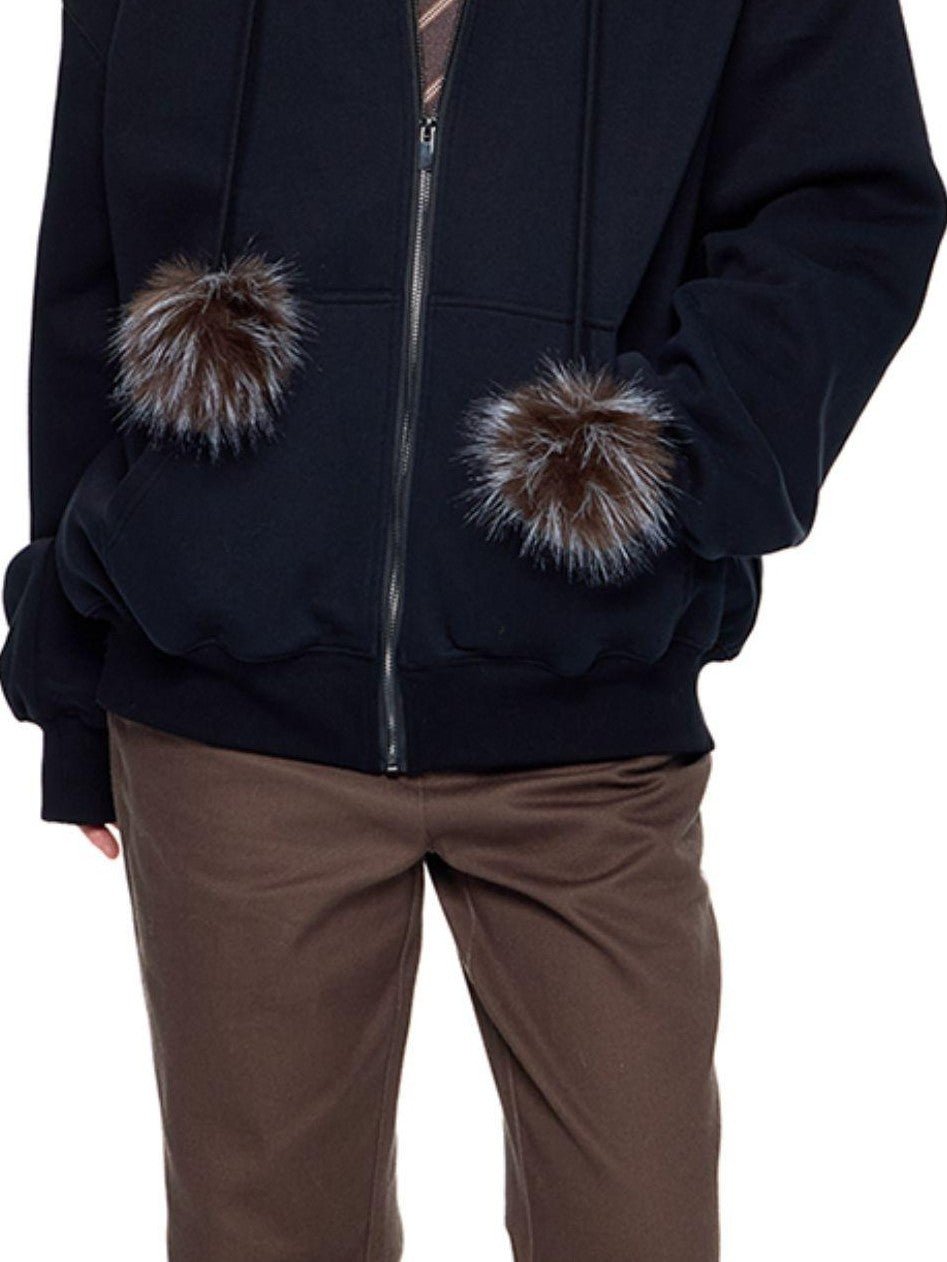 EZEK Detachable Fur Collar Embroidered Hooded Women's Cotton Blend Zip-up Hoodies