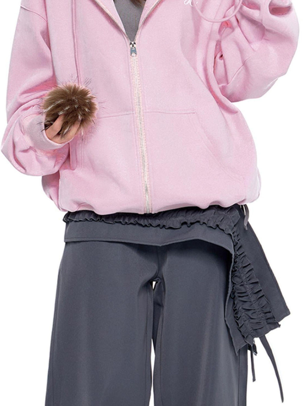 EZEK Detachable Fur Collar Embroidered Hooded Women's Cotton Blend Zip-up Hoodies