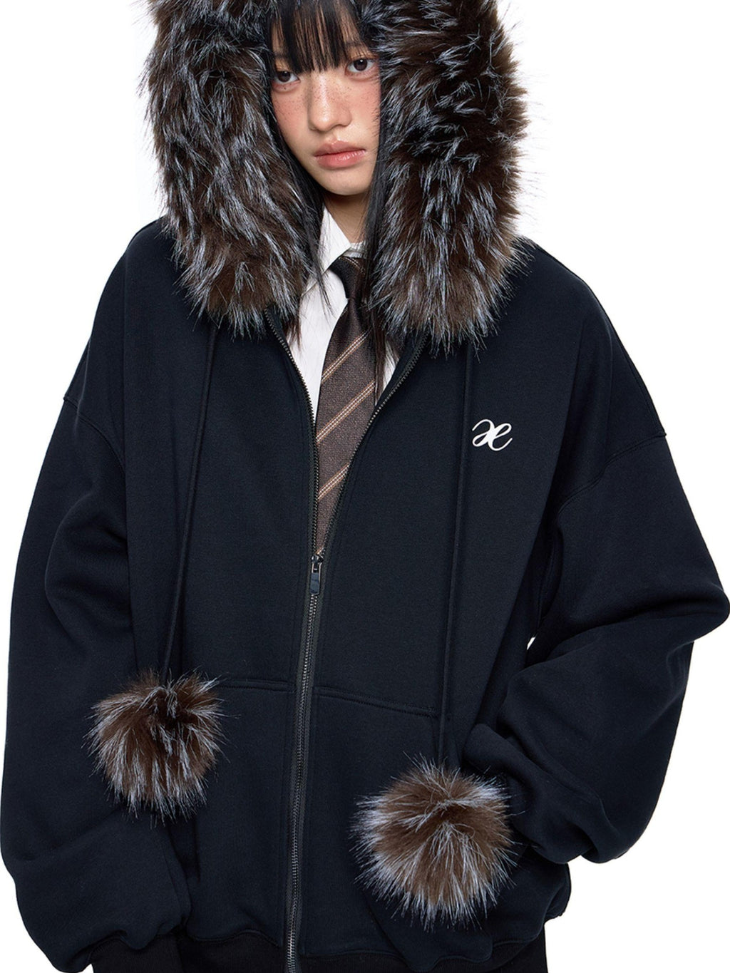 EZEK Detachable Fur Collar Embroidered Hooded Women's Cotton Blend Zip-up Hoodies