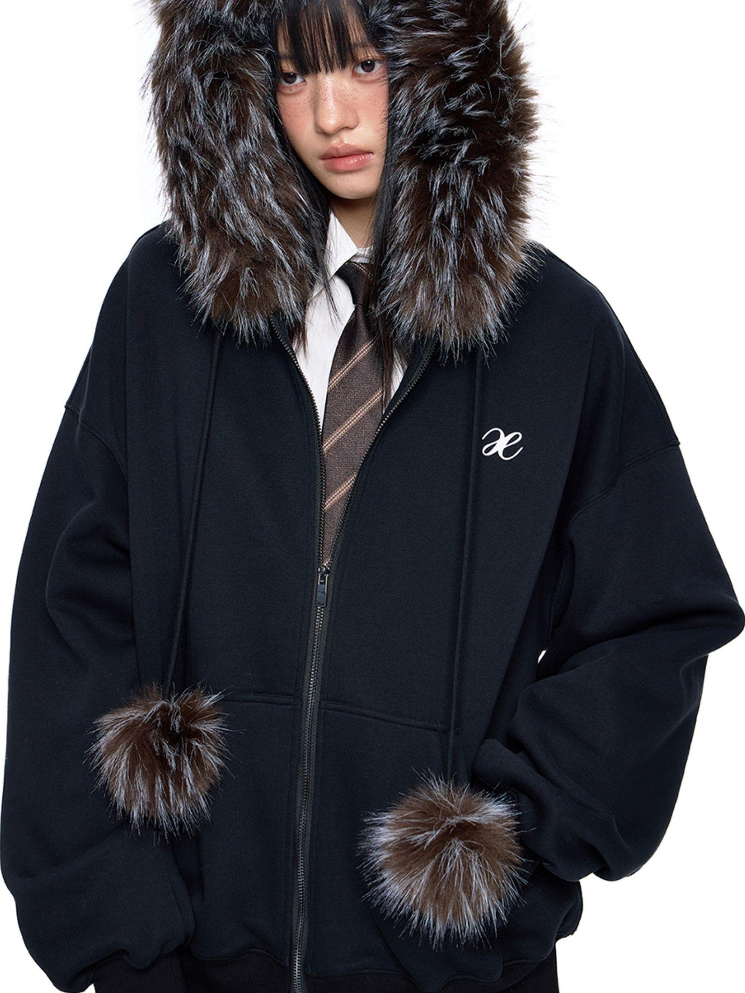 EZEK Detachable Fur Collar Embroidered Hooded Women's Cotton Blend Zip-up Hoodies