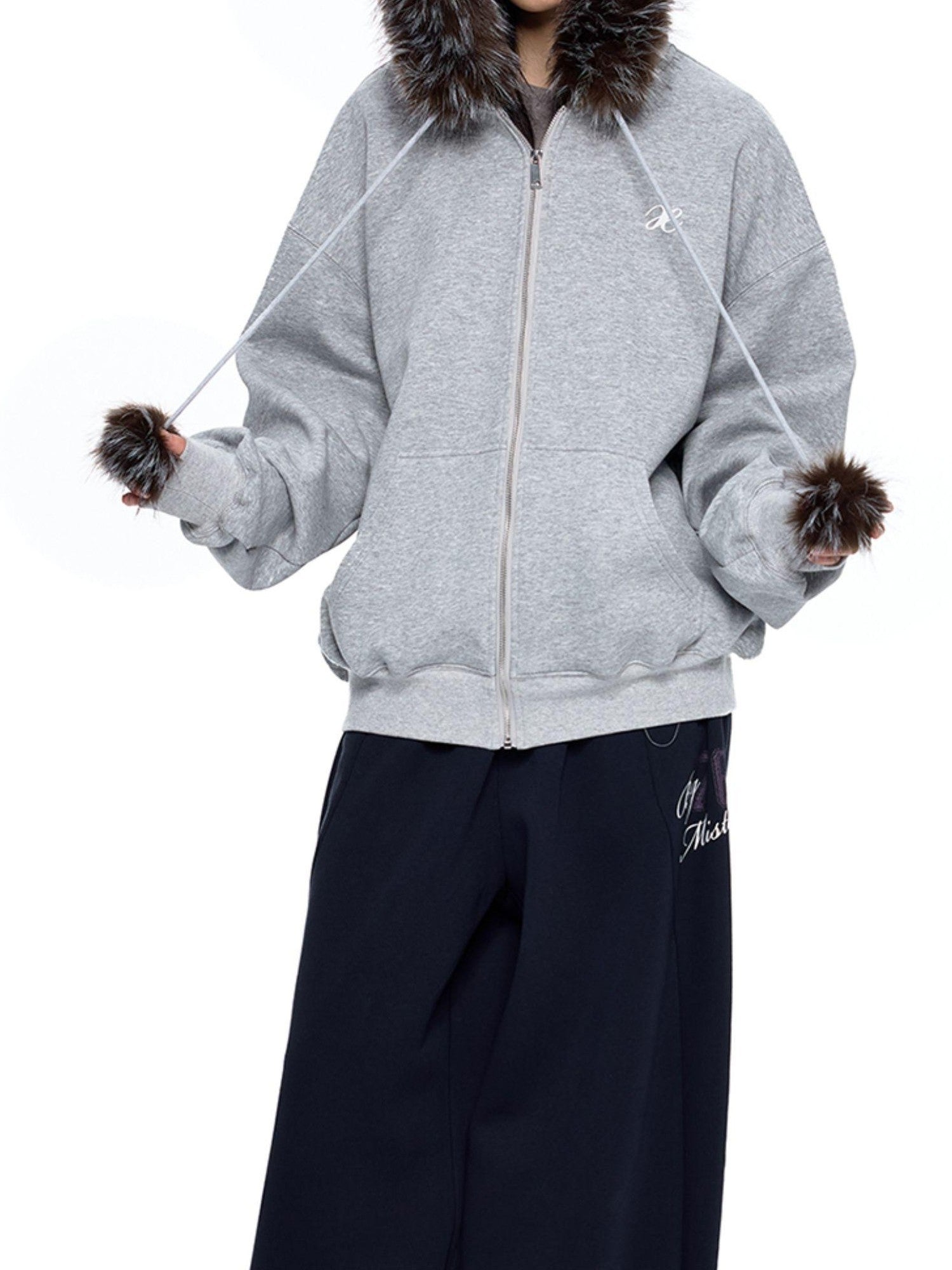 EZEK Detachable Fur Collar Embroidered Hooded Women's Cotton Blend Zip-up Hoodies
