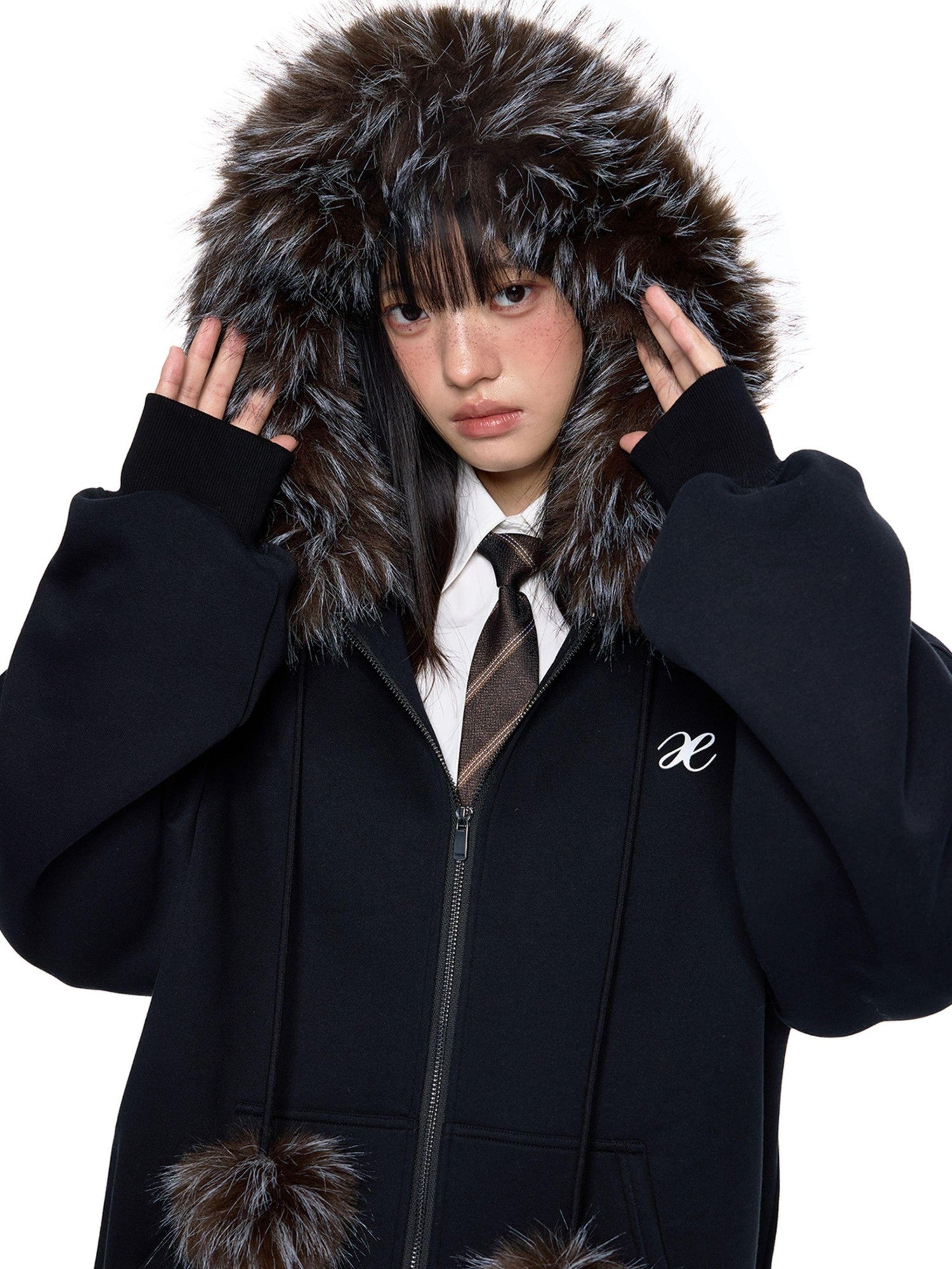 EZEK Detachable Fur Collar Embroidered Hooded Women's Cotton Blend Zip-up Hoodies