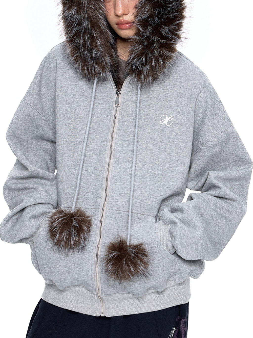 EZEK Detachable Fur Collar Embroidered Hooded Women's Cotton Blend Zip-up Hoodies